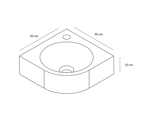Technische tekening van een hoekwastafel met afmetingen van 30 x 30 x 10 centimeter