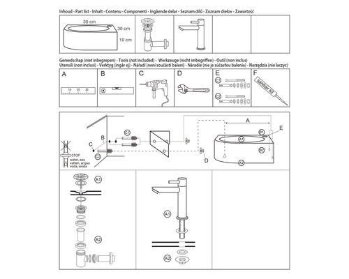 Installatiehandleiding voor badkamerproducten met gereedschappen en productafmetingen