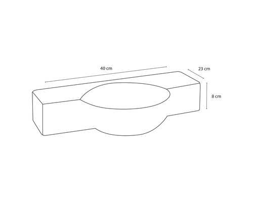 Technische tekening van een plantenbak met de afmetingen 40 cm lang, 23 cm breed en 8 cm hoog.