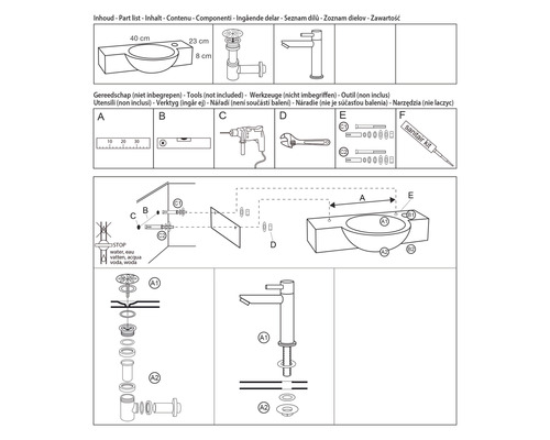 Installatiehandleiding wastafel met gereedschapsoverzicht