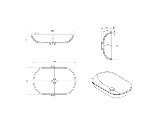 Tekening van een opzetwastafel met afmetingen