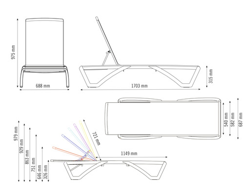 Technische tekening van een tuinligstoel met maatvoering