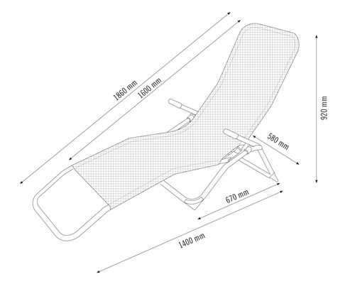 Technische tekening van een tuinligstoel met afmetingen