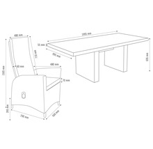 Maattekening van tuintafel en stoel met maatvoering