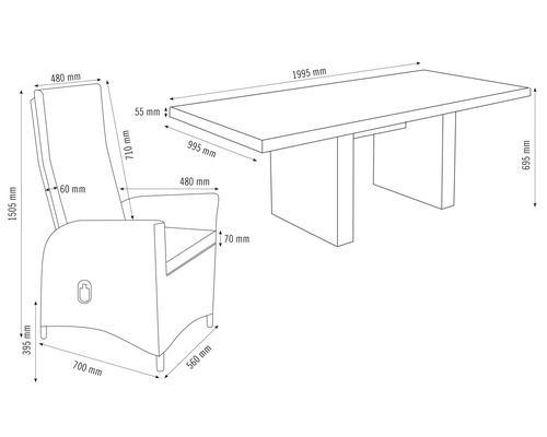 Maattekening van tuintafel en stoel met maatvoering