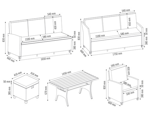Afbeelding van een tuinmeubelset met bank, stoel, tafel en opbergbox met maatvoering