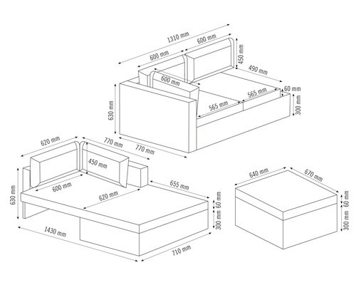 Technische tekening van een bank met afmetingen
