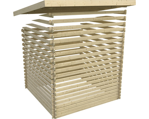 Houten tuinhuis in aanbouw met messing en groefverbindingen