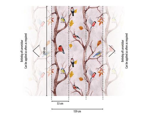 Behang met boomtakken, bladeren en vogels, afmetingen weergegeven