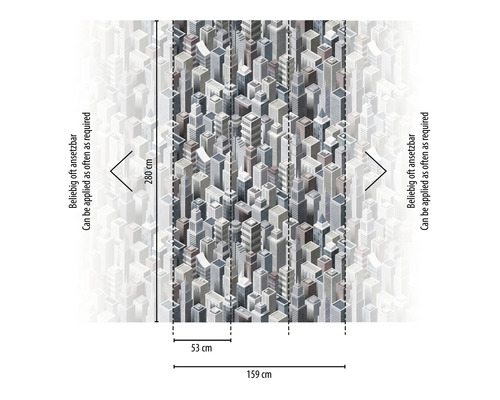 Behang met stadsdesign en maatvoering.