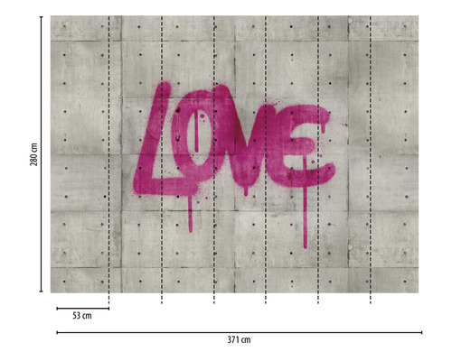 Fotobehang met betonnen muur en het woord liefde als graffiti, 371 bij 280 centimeter