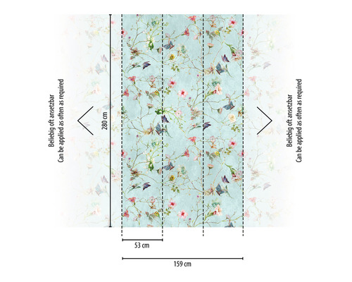 Behang met bloemen- en vlindermotief, patroon 53 cm, hoogte 280 cm