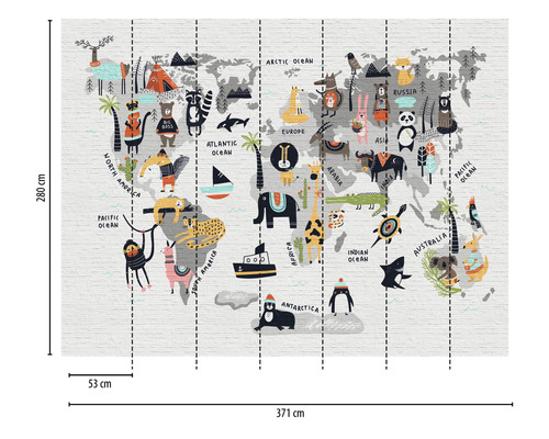 Wandafbeelding met wereldkaart en diermotieven, afmetingen 371 cm bij 280 cm