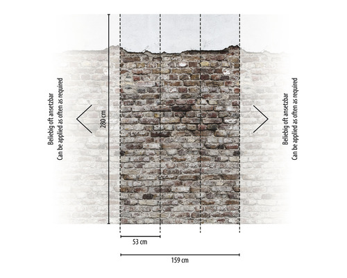 Behang met baksteenmuurmotief en maataanduidingen