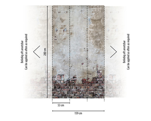 Behangwand met bakstenen en pleisterwerk met maataanduidingen