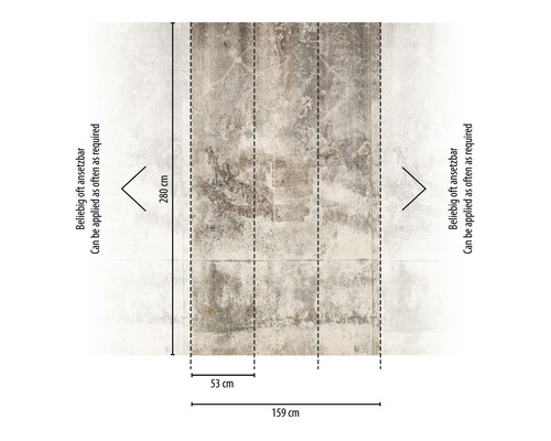 Afbeelding met de afmetingen van een behang: 280 cm hoog, 159 cm breed, baanbreedte 53 cm, meermaals aan te brengen.