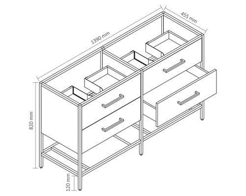Tekening van een wastafelonderkast met laden en afmetingen 1390 mm breed, 455 mm diep en 820 mm hoog