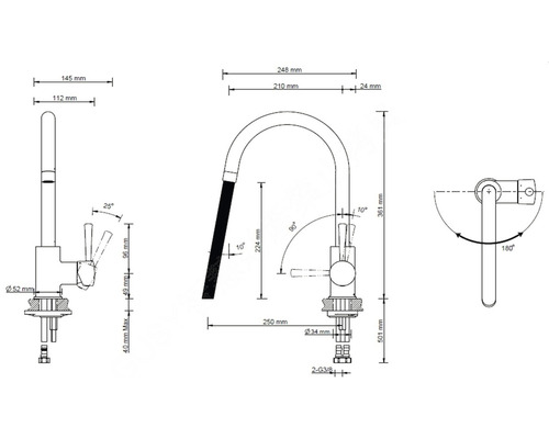 Technische tekening van een keukenkraan met afmetingen