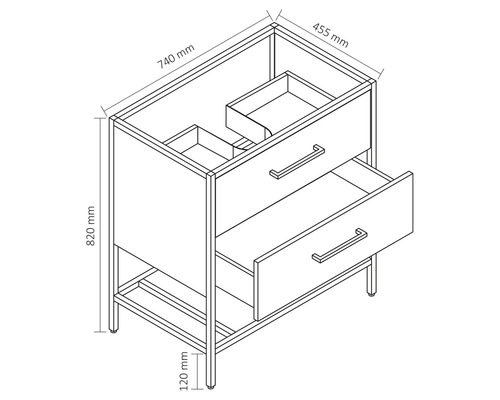 Tekening van een wastafelonderkast met afmetingen: 740 mm breed, 455 mm diep en 820 mm hoog.