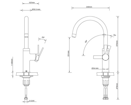 Technische tekening van een keukenkraan met afmetingen