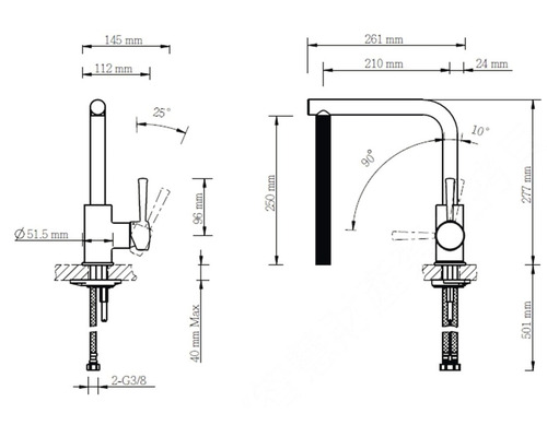 Technische tekening van een keukenkraan met afmetingen
