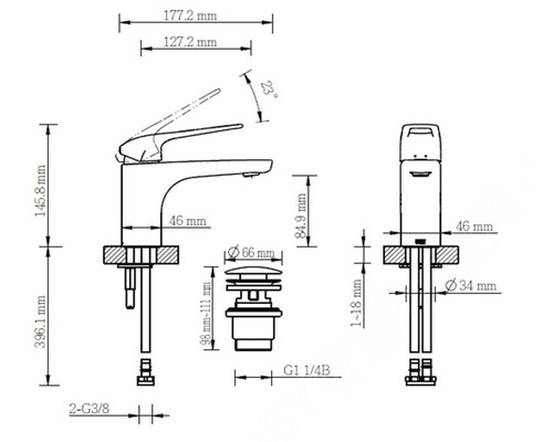 Technische tekening van een kraan met afmetingen
