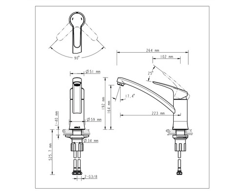Technische tekening van een kraan met maataanduidingen