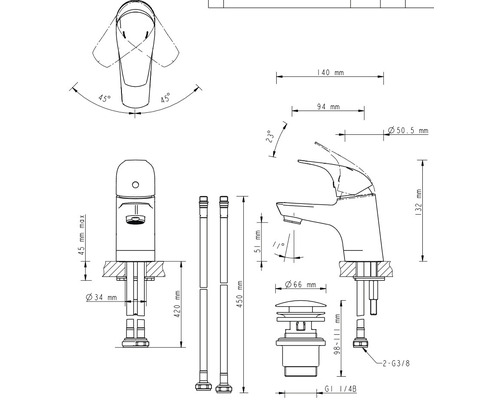 Technische tekening van een waterkraan met afmetingen