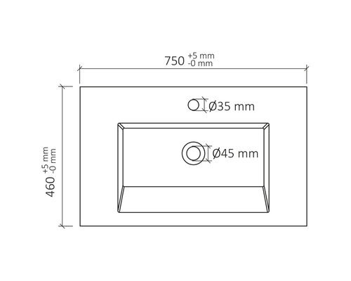 Tekening van een wastafel met afmetingen 750 mm en 460 mm, evenals boringen met diameters van 35 mm en 45 mm