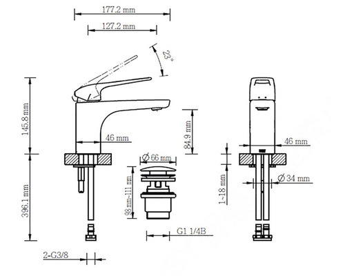 Technische tekening van een kraan met afmetingen