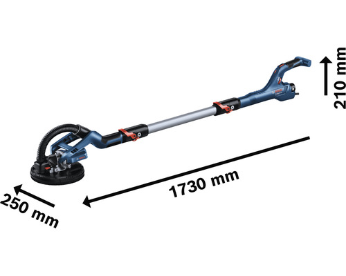 Bosch plafondschuurmachine met afmetingen van 1730 mm lengte, 250 mm schuurschijfdiameter en 210 mm hoogte.