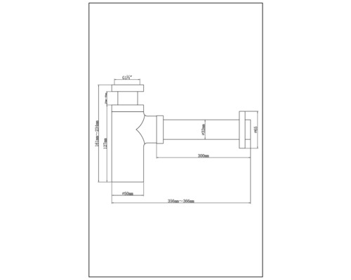 Technische tekening van een sifon met maataanduidingen