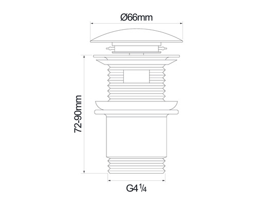 Tekening van een afvoerventiel met de afmetingen 66 mm diameter en 72 tot 90 mm hoogte