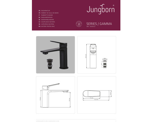 Jungborn Gamma wastafelkraan met afvoergarnituur en maataanduidingen