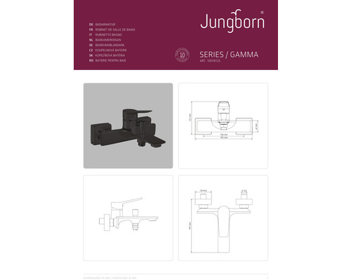Jungborn badkamerarmatuur Gamma-serie met maataanduidingen