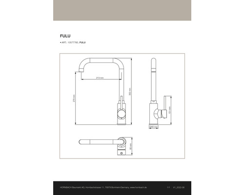 Technische tekening van een FULU kraan met maatvoering.