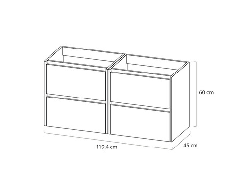 Afbeelding van een badkameronderkast met afmetingen van 119,4 cm breed, 60 cm hoog en 45 cm diep.