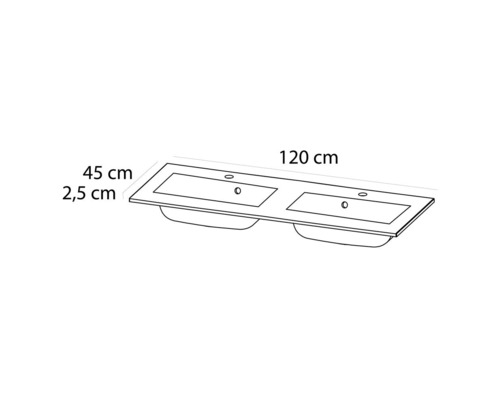 Tekening van een wastafelonderkast met afmetingen van 45 x 120 x 2,5 cm