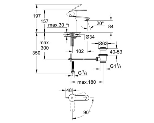 Technische tekening van een kraan met afmetingen