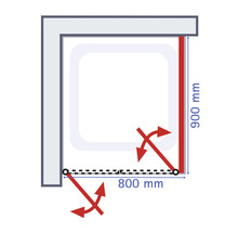 Technische tekening van een douchecabine met afmetingen 800 mm en 900 mm