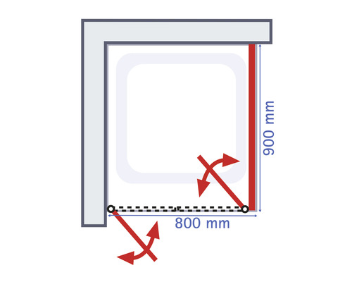 Technische tekening van een douchecabine met afmetingen 800 mm en 900 mm
