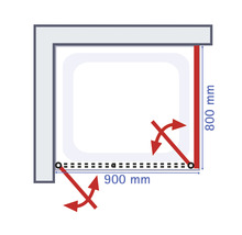 Technische tekening van een douche met de afmetingen 900 mm bij 800 mm.