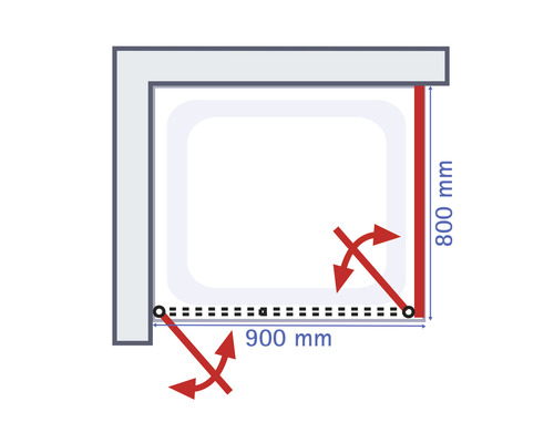Technische tekening van een douche met de afmetingen 900 mm bij 800 mm.