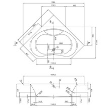 Technische tekening van een hoekbad met afmetingen
