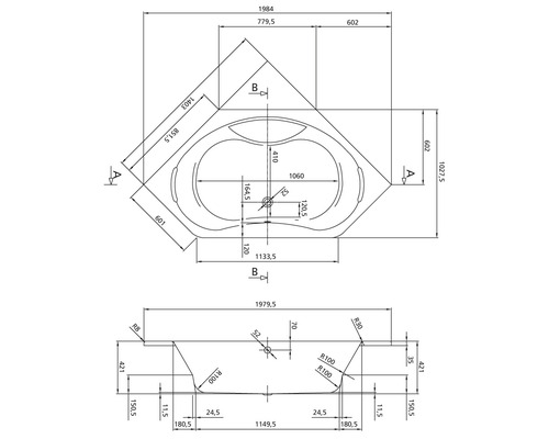 Technische tekening van een hoekbad met afmetingen