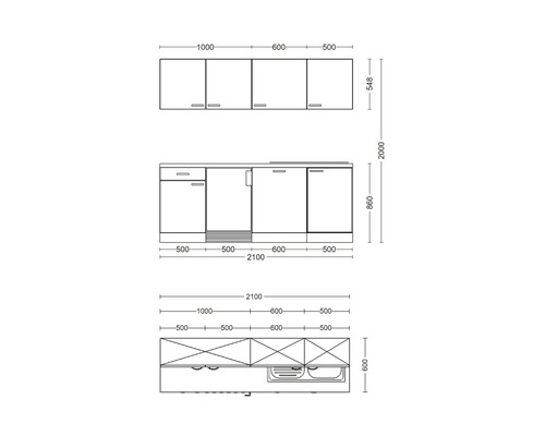Technische tekening van een keukenblok met afmetingen