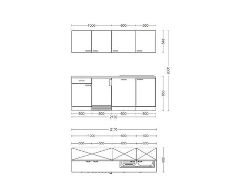 Schets van een keukenblok met afmetingen