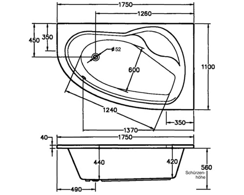 Technische tekening van een ligbad met maataanduidingen