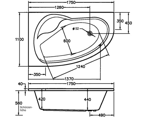 Technische tekening van een badkuip met afmetingen.