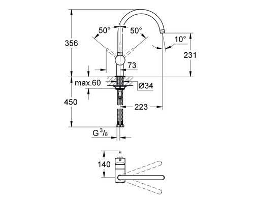 Technische tekening van een kraan met afmetingen.